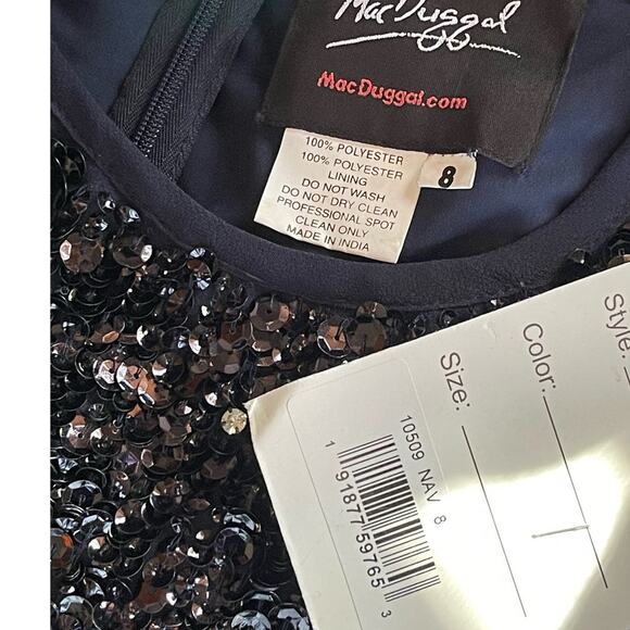 Mac Duggal NWT Size 8 10509 Blue Sleeveless High Neck Beaded Midi Sheath Dress - Picture 7 of 8